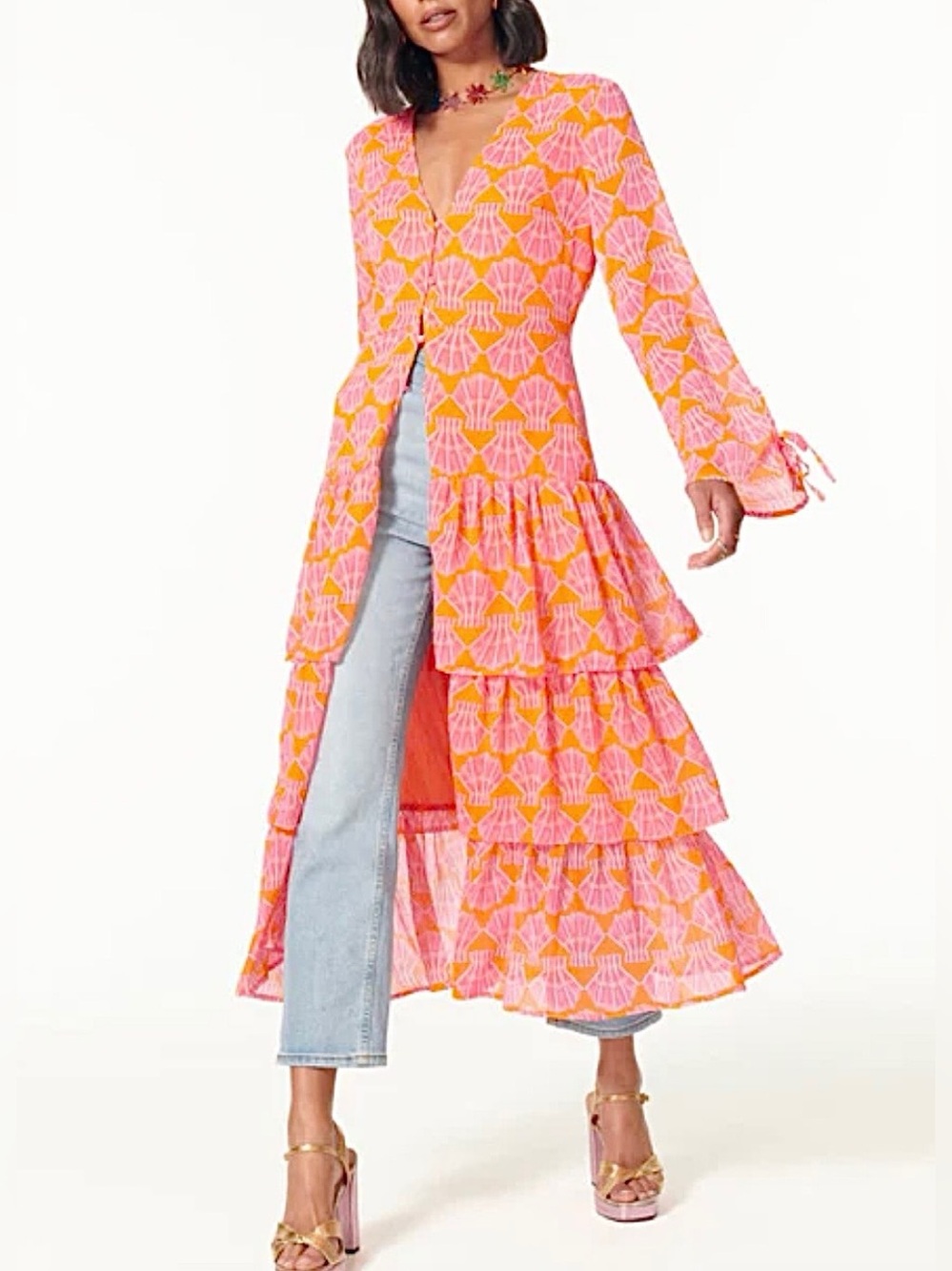 Never Fully Dressed Orange Shell Print Tiered Maxi Dress Size 6